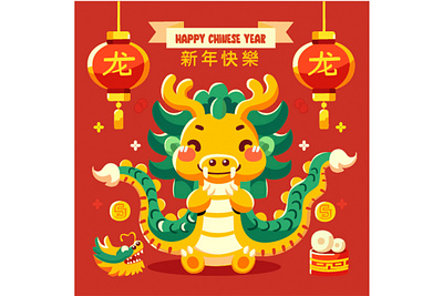 Flat Background for Chinese Year of the Dragon Illustration 2024 background celebration chinese dragon festival illustration lantern new year spring traditional vector
