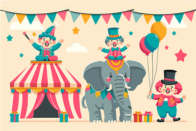 Vector Hand Drawn Circus with Clown Illustration acrobat animal carnival circus clown elephant entertainment fantasy illustration show tent vector