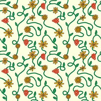 Floral Hand Drawn Illustrated Pattern berries daisy floral flowers hand drawn illustration pattern raspberry red sunflower vine yellow
