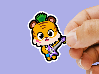 Rockstar Tiger Sticker for children animal baby cute digital illustration for children illustration illustration for children kawai kids mockup product rockstar sticker tiger