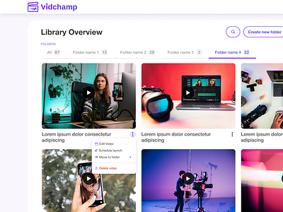 Vidchamp branding information architecture library logo mockup studio typography ui user ux video editing video library wireframe