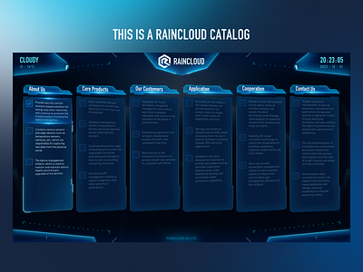 RAINCLOUD CATALOG 3d catalog data data visualization fui hud interface launch page menu opening page splash page technology visualization web website