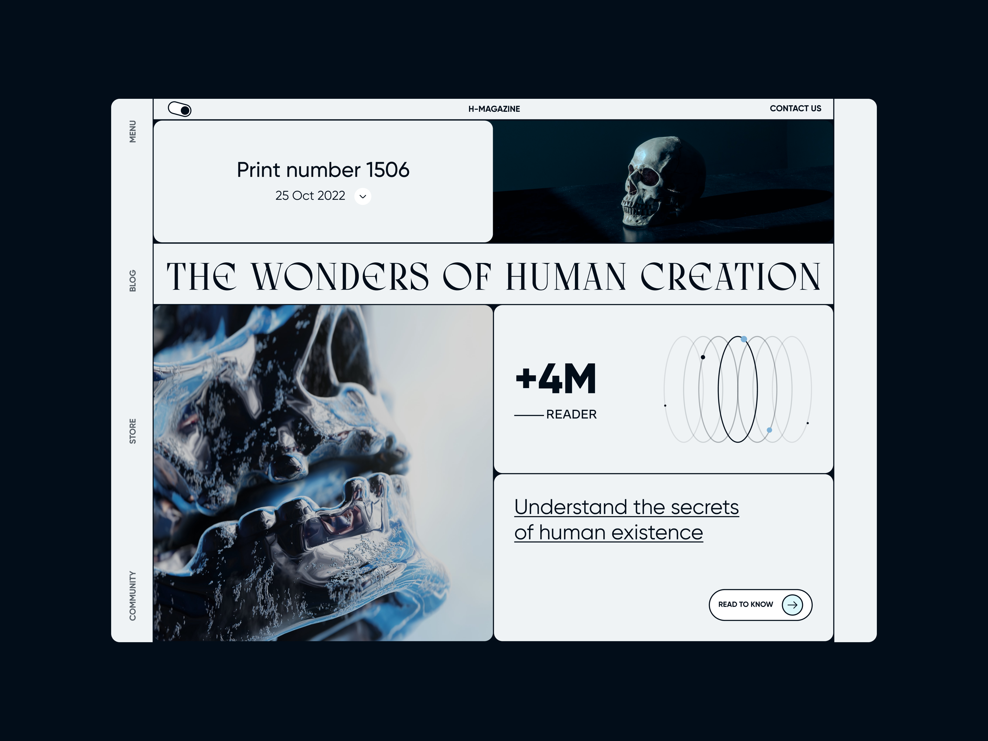 H-Magazine Landing Page aesthetic bento blue dark blue echo echo design echodesign grid isometric landing landing page layout magazine navy skull switch typography ui design webdesign