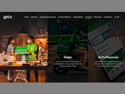 GOTO Company Website animation big image black clean dark dark theme gojek goto hover interaction website landing page large image overlay split website tokopedia ui uiix ux web design website