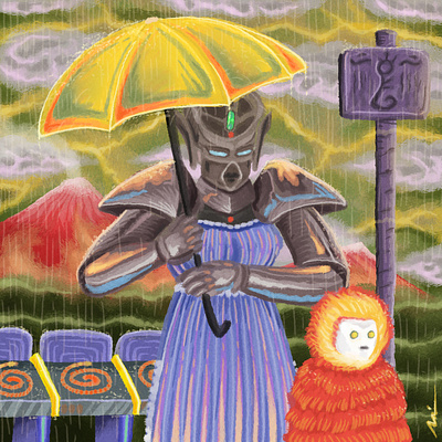 "Madame bots under the rain" art color pencil design digital painting draw dream graphic design illustration manga nft robot scene surrealism water ink