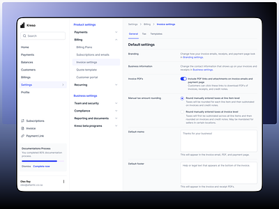 Kreso - Invoice Settings 3d animation branding dashboard finance fintech framer graphic design motion graphics saas settings settings page ui web app webflow website