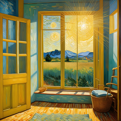 Sunlight streams through the windows art graphic design illustration paint print