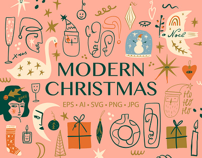 Modern Christmas Bundle boho christmas clipart holly jolly hygge illustration lagom modern new year noel nordic scandinavian vector