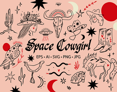 Space Cowgirl Bundle abstract arizona astrology boho bundle cowboy cowgirl desert folk horse icons illustration labels logo magic modern mystical vector west wild