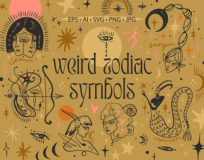 Weird Zodiac Symbols Bundle astrology boho bundle dark fairy fairytale folk horoscope horror illustration logo macabric magic modern monsters spell symbols vector weird zodiac