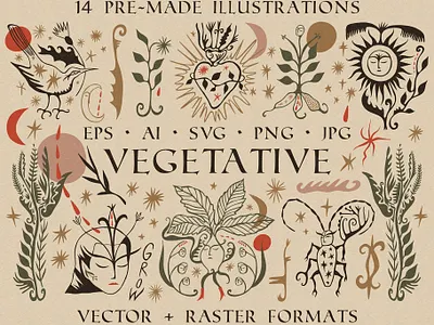 Vegetative Bundle ancient astrology boho bundle dark esoteric fairy fairytale folk horror illustration logo macabric magic mandragora medieval modern mystical spell vector
