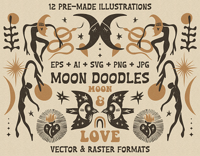 Moon Doodles Bundle abstract astrology boho bundle esoteric fairytale folk horror illustration macabric magic matisse modern moon occult snakes spell vector vintage witchcraft