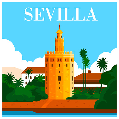 Torre del Oro - Sevilla city flat illustration landmark postcard sevilla spain tourism vector world