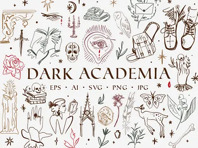Dark Academia Bundle boho books bundle dark fairytale folk gothic horror illustration logo macabric magic magic school modern mystical owl spell tattoo vector vintage