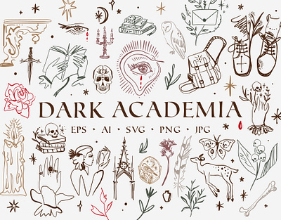 Dark Academia Bundle boho books bundle dark fairytale folk gothic horror illustration logo macabric magic magic school modern mystical owl spell tattoo vector vintage