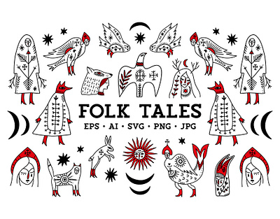 Folk Tales Bundle alkonost animals boho fairytale folk folklore fox girls horror illustration kokoshnik macabric magic mystical rural rustic slavic spell tale vector