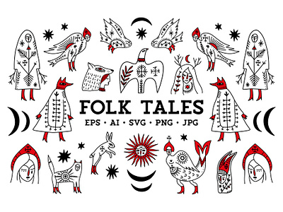 Folk Tales Bundle alkonost animals boho fairytale folk folklore fox girls horror illustration kokoshnik macabric magic mystical rural rustic slavic spell tale vector
