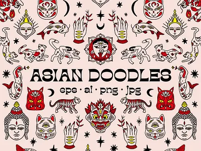Asian Doodles Bundle asian boho cartoon cat cute demon doodles fishes girl girls horror illustration japan koi magic maneki mask neko spell vector