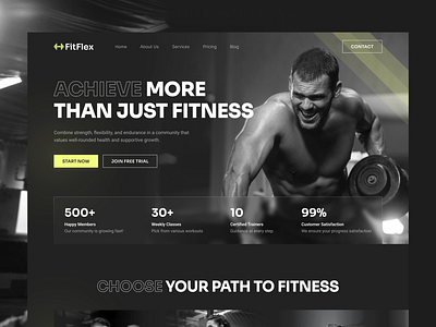 FitFlex - Fitness Studio Landing Page Figma Template dark figma figma template fitness fitness center fitness studio fitness website grunge homepage modern peterdraw ui website