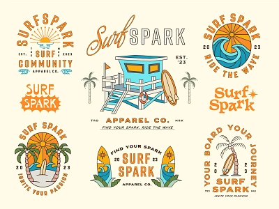 Surf Spark - Design Pack apparel branding clothing brand design geometric illustration lineart logo merchandise surf surf tee surf tshirt surface surfboard surfboards surfer surfing surflife t shirt tee