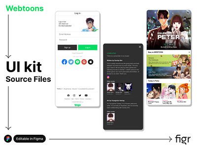 Make Webtoons UI your own android anime app design branding cartoon comics design editable figma free japanese kit manga mobile app ui ui kit ui ux watch website webtoons