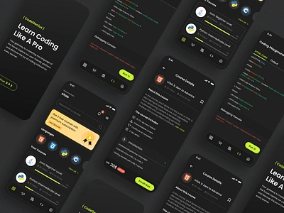 CodeGenius: E-Learning App for Coding Education carousel coding codingapp courses darkui detailpage elearning green herobanner html learningapp lessons navigation onboarding premiumbanner pricing programming progressbar stickycta uxdesign