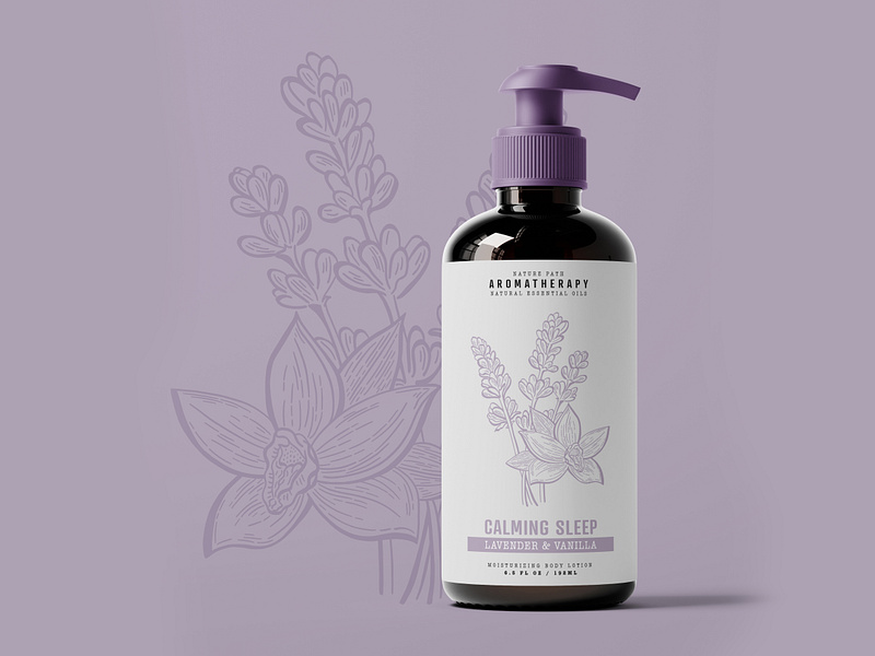 Lavender & Vanilla Calming Sleep Lotion Packaging body brand branding branding design clean cosmetics design glass illustration label lavender lotion packaging product pump vanilla