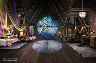 Digital illustration of room Wednesday from movie/ fan art arvhitecture concept art digital illustration interior motion graphics movie procreate rendering setdesign