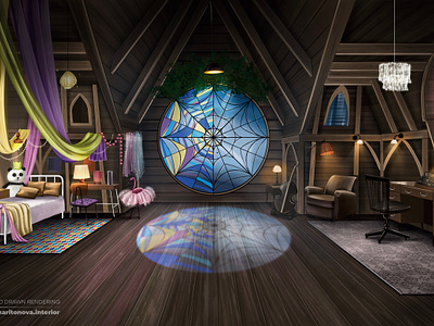 Digital illustration of room Wednesday from movie/ fan art arvhitecture concept art digital illustration interior motion graphics movie procreate rendering setdesign