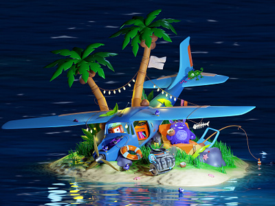 Crash on the island 3d graphic design island