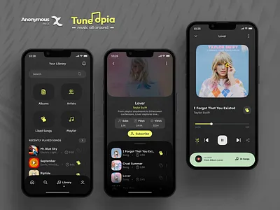 Tune-opia - The Music App app design artist dark dashboard music music app play songs ui ux