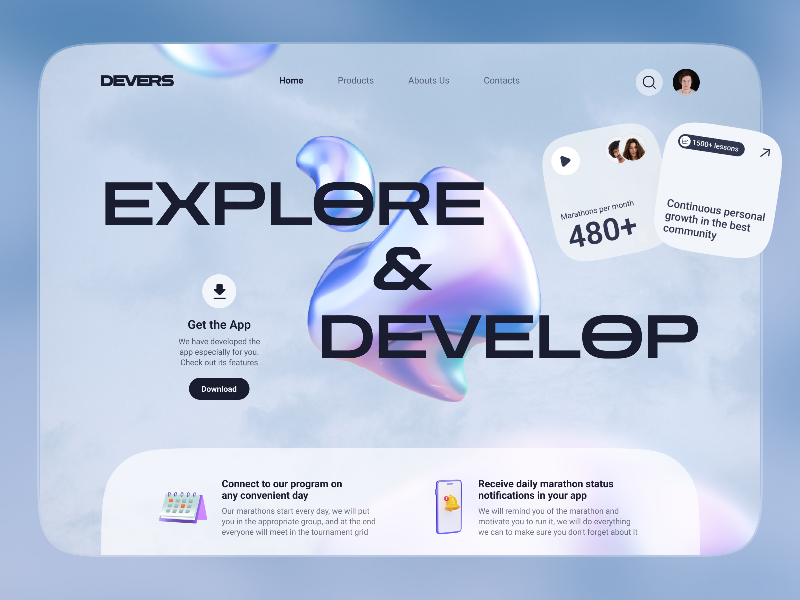 Devers – Explore Develop Community Header Hero Landing 3d abstract branding creative design hero illustration interface landing minimalism product service sky startup ui web
