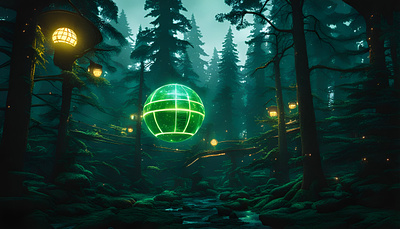 Sparkling Green ORB cyberpunk art cyberpunk city dark forest forest futuristic art green orb sci fi wallpaper