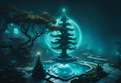 Zen x Christmas christmas cyberpunk art cyberpunk city futuristic art sci fi snowing sparkling xmas wallpaper xmas tree zen garden