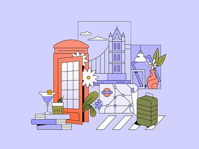 London animation flowers illustration london phone booth plants suitcase tower bridge travel vector