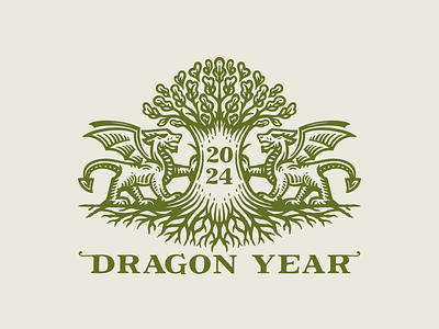 Dragon year! 2024 character coat of arms dragon engraving heraldry logo logotype nature oak tree
