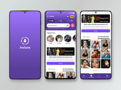 Instore App Design Concept branding design graphic design home screen insta downloader app instagram post downloader instore app logo post downloader app ui ux vector