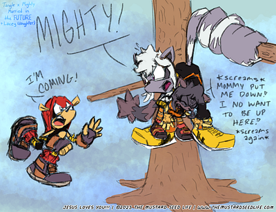 Tail Training Tree Tantrum! – Tangle x Mighty cartoon character characters dialogue digital fan art future jesus loves you!!! lacey the lemur mighty mighty the armadillo oc original character sonic sonic the hedgehog tangle tangle the lemur tangle x mighty the mustard seed life tree