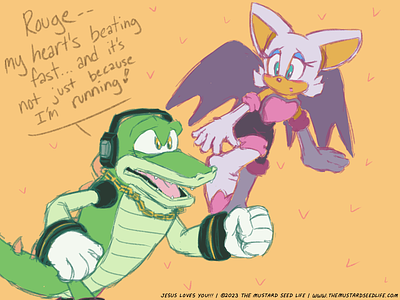 “It’s not just because I’m running!” — Vector x Rouge character characters dialogue digital fan art fanart jesus loves you!!! rouge rouge the bat sonic sonic the hedgehog the mustard seed life vector the crocodile vector x rouge