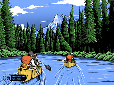 River Kayaking on Alaska alaska animation branding canoe cartoon character design esport forest illustration kayak lake logo mascot merch nuraroni nuraronistudio river tshirt vector