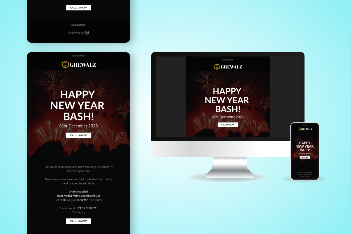 Grewalz - New Year Bash Mailer design email email design email development email marketing emailer mailchimp mailer mailer design mailer development marketing newsletter newsletter design web design web development zoho campaigns