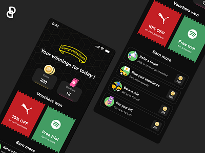 Rewards Page app design black branding button challenge congratulation page dailyui dark ui figma fun game gamification gaming gratification illustration minimal reward reward page vouchers