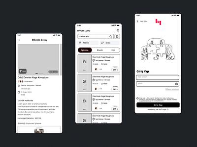 Wireframe of Dashboard Event Details and Login Page branding mainpage wireframe