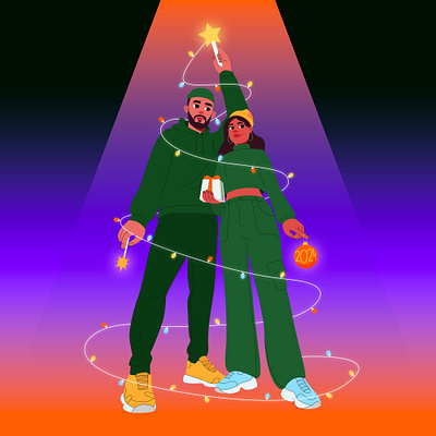 2024! art celebrating character christmas couple digital drawing holiday illustration man tree woman