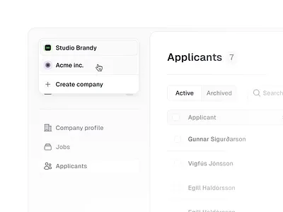 Company account switcher account switcher applications company switcher create company light menu platform menu recruitment switcher