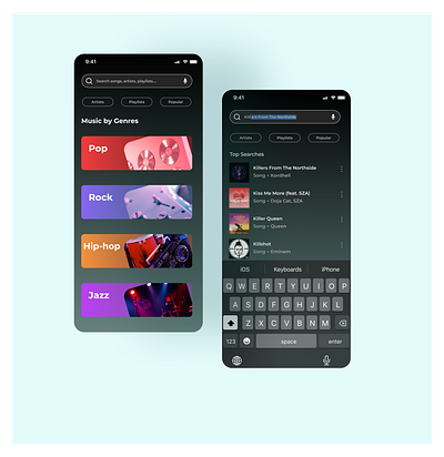 Search page for a music streaming application app design ui ux