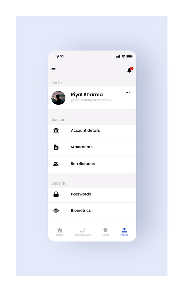 Banking app's profile page app design ui ux