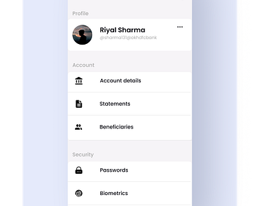 Banking app's profile page app design ui ux