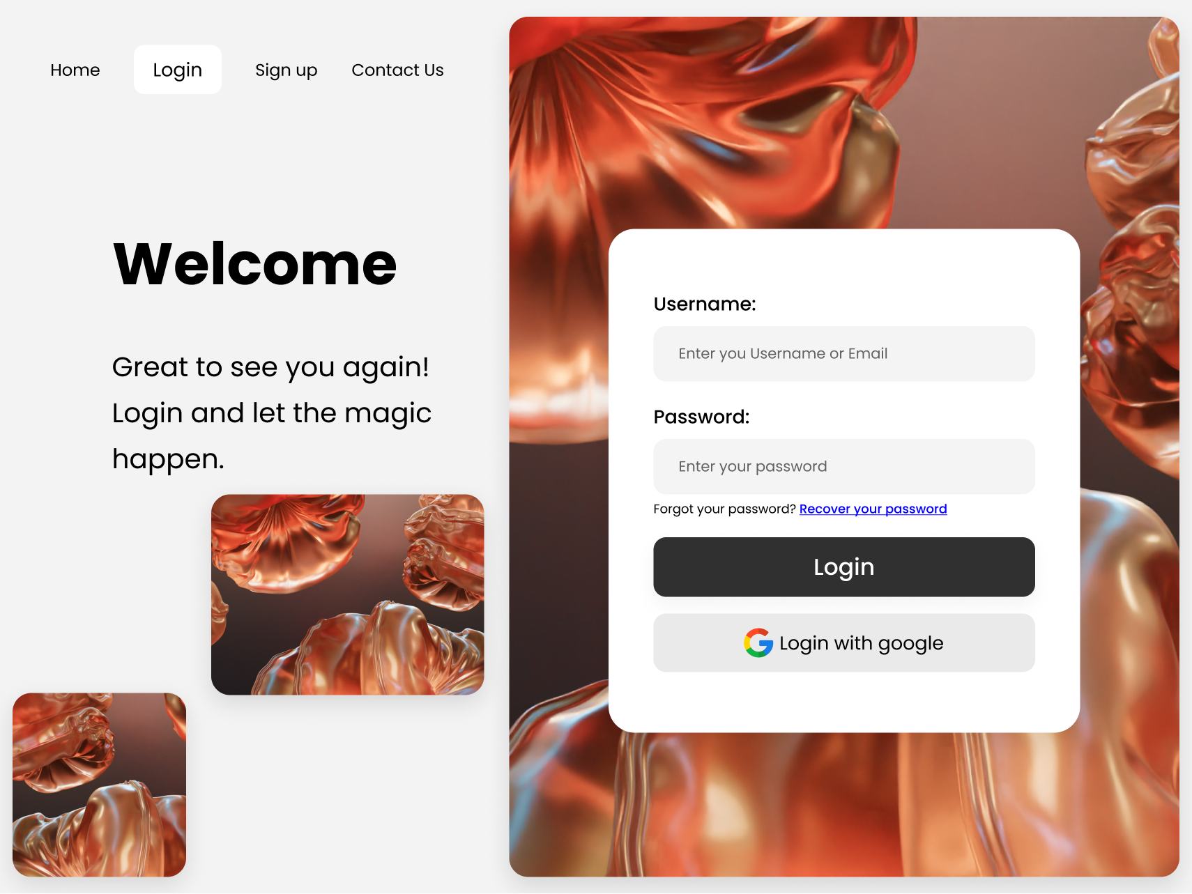 Login / Sign up page 3d login mock sign up starting ui