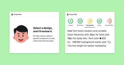 Design Buddy plugin for Figma accessibility color critique feedback layoyt review score typography ui